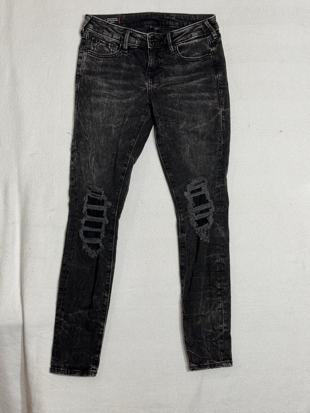 True Religion Halle Jeans 26 Mid Rise Super Skinny Black Distressed Women Moto